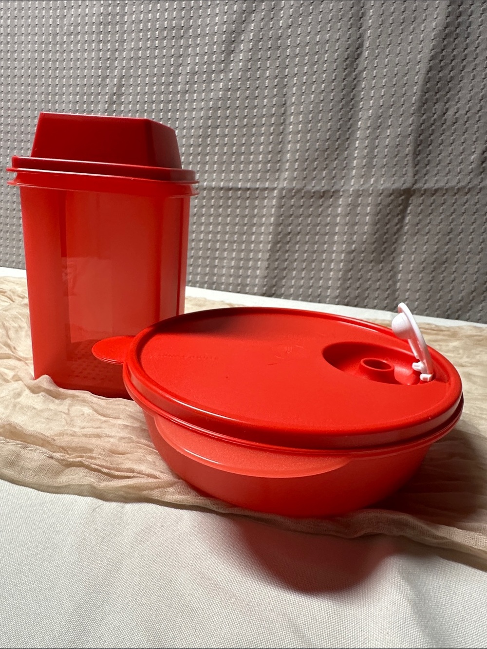 Tupperware Red Microwave Bowl with Steam Vent and Red Storage Container